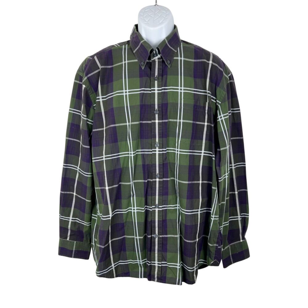 Alan Flusser Button Down Shirt Men Extra Large Green Purple Plaid Long Sleeve